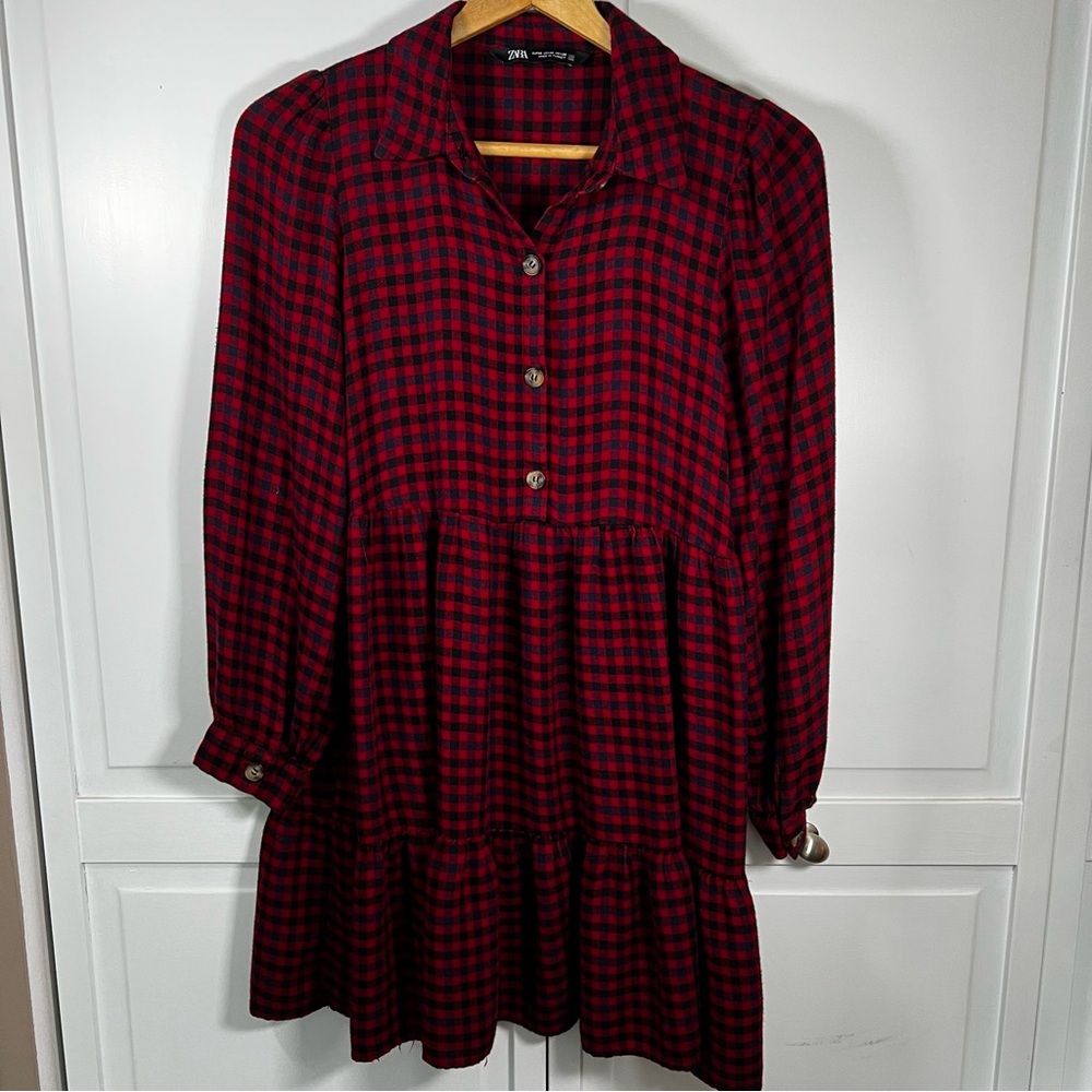 Zara Red and Black Plaid Long Sleeve Dress